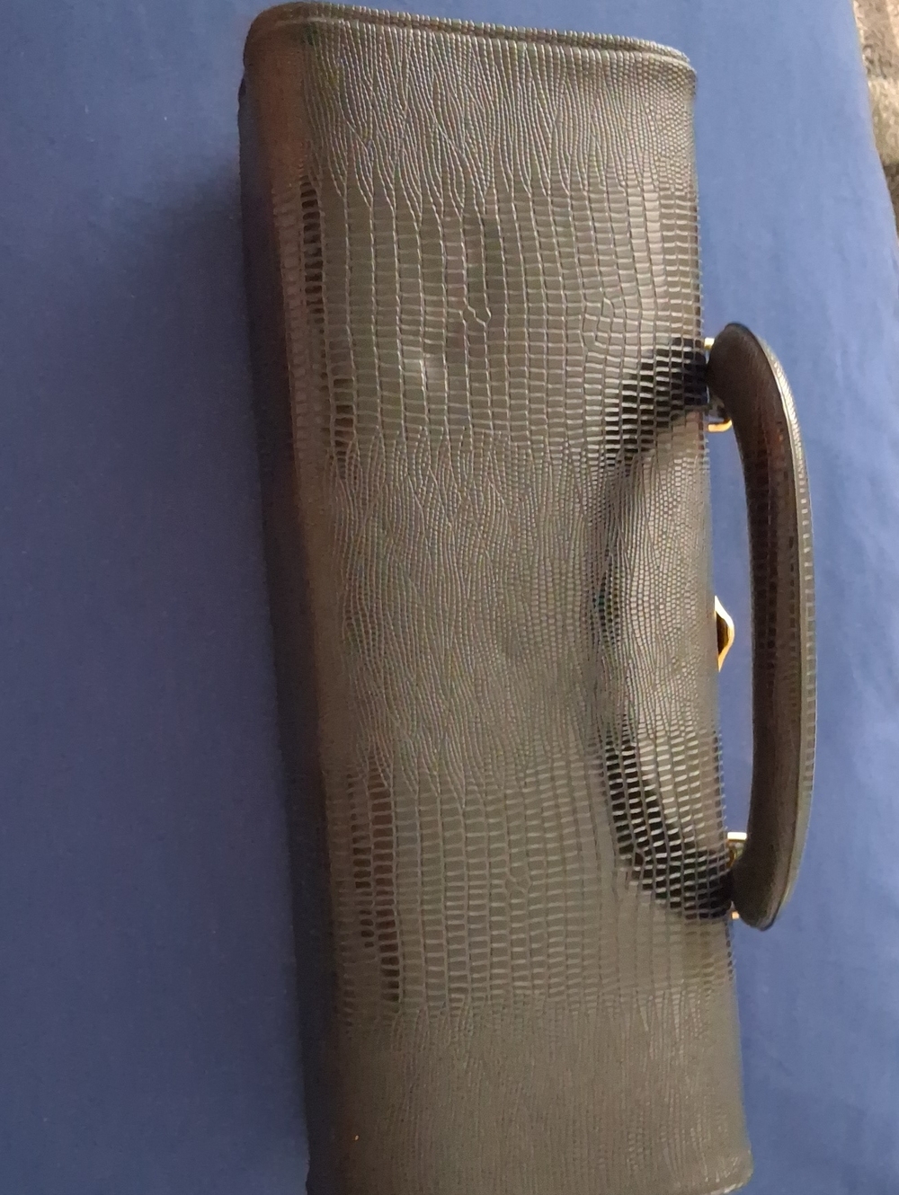 Structured Black Croc-Embossed Wristlet Clutch